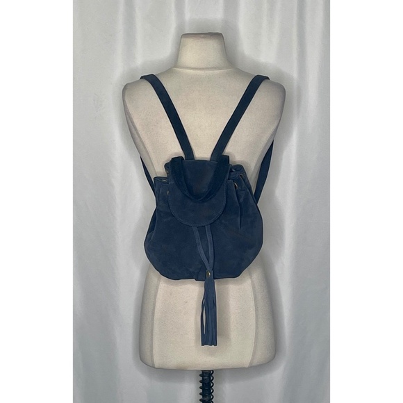 Anthropologie JJ WINTERS Cayden Blue Suede Backpack Purse Tassel Solid Boho - Picture 1 of 9